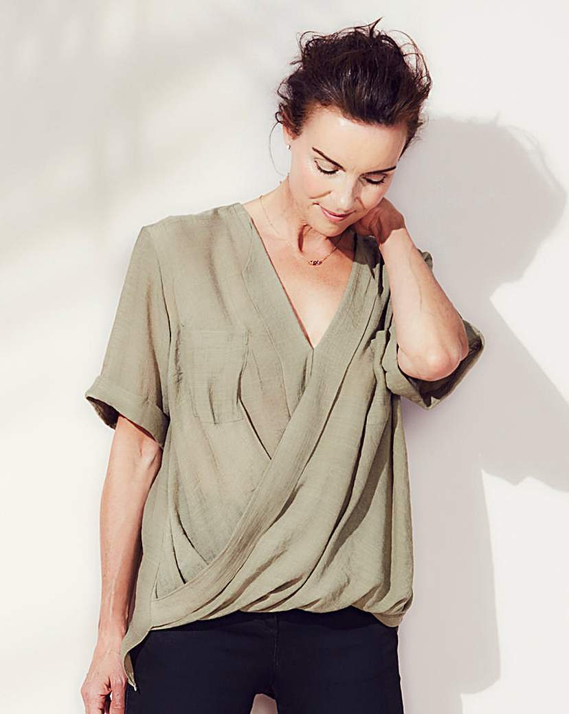 Short Sleeve Crinkle Wrap Blouse - neckline: low v-neck; pattern: plain; style: blouse; predominant colour: khaki; occasions: casual, creative work; length: standard; fibres: polyester/polyamide - 100%; fit: loose; sleeve length: short sleeve; sleeve style: standard; texture group: crepes; pattern type: fabric; season: a/w 2015