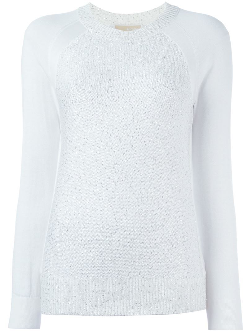 Sequinned Raglan Jumper, Women's, Size: Medium, White - sleeve style: raglan; pattern: plain; style: standard; predominant colour: pale blue; occasions: casual; length: standard; fibres: cotton - stretch; fit: standard fit; neckline: crew; sleeve length: long sleeve; texture group: knits/crochet; pattern type: knitted - fine stitch; season: a/w 2015