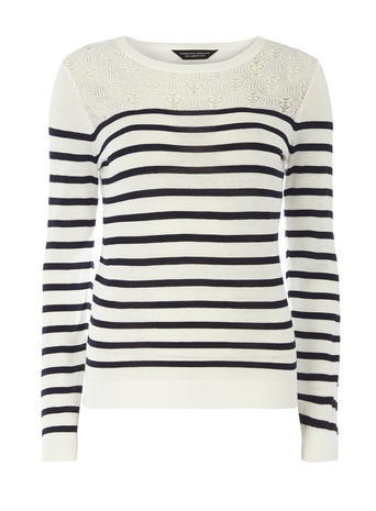 Womens Stripe Pointelle Yoke Jumper Blue - pattern: horizontal stripes; bust detail: added detail/embellishment at bust; style: standard; predominant colour: white; secondary colour: navy; occasions: casual; length: standard; fibres: cotton - mix; fit: slim fit; neckline: crew; sleeve length: long sleeve; sleeve style: standard; texture group: knits/crochet; pattern type: fabric; embellishment: lace; multicoloured: multicoloured; season: a/w 2015