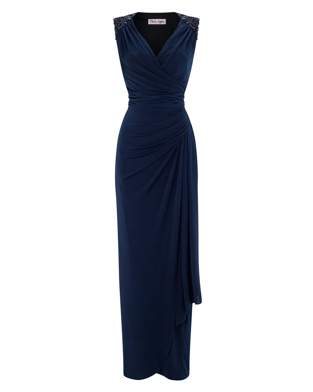 Annoushka Dress - neckline: low v-neck; pattern: plain; sleeve style: sleeveless; style: maxi dress; length: ankle length; waist detail: fitted waist; predominant colour: navy; occasions: evening, occasion; fit: fitted at waist & bust; fibres: polyester/polyamide - stretch; hip detail: soft pleats at hip/draping at hip/flared at hip; sleeve length: sleeveless; pattern type: fabric; texture group: jersey - stretchy/drapey; embellishment: beading; season: a/w 2015