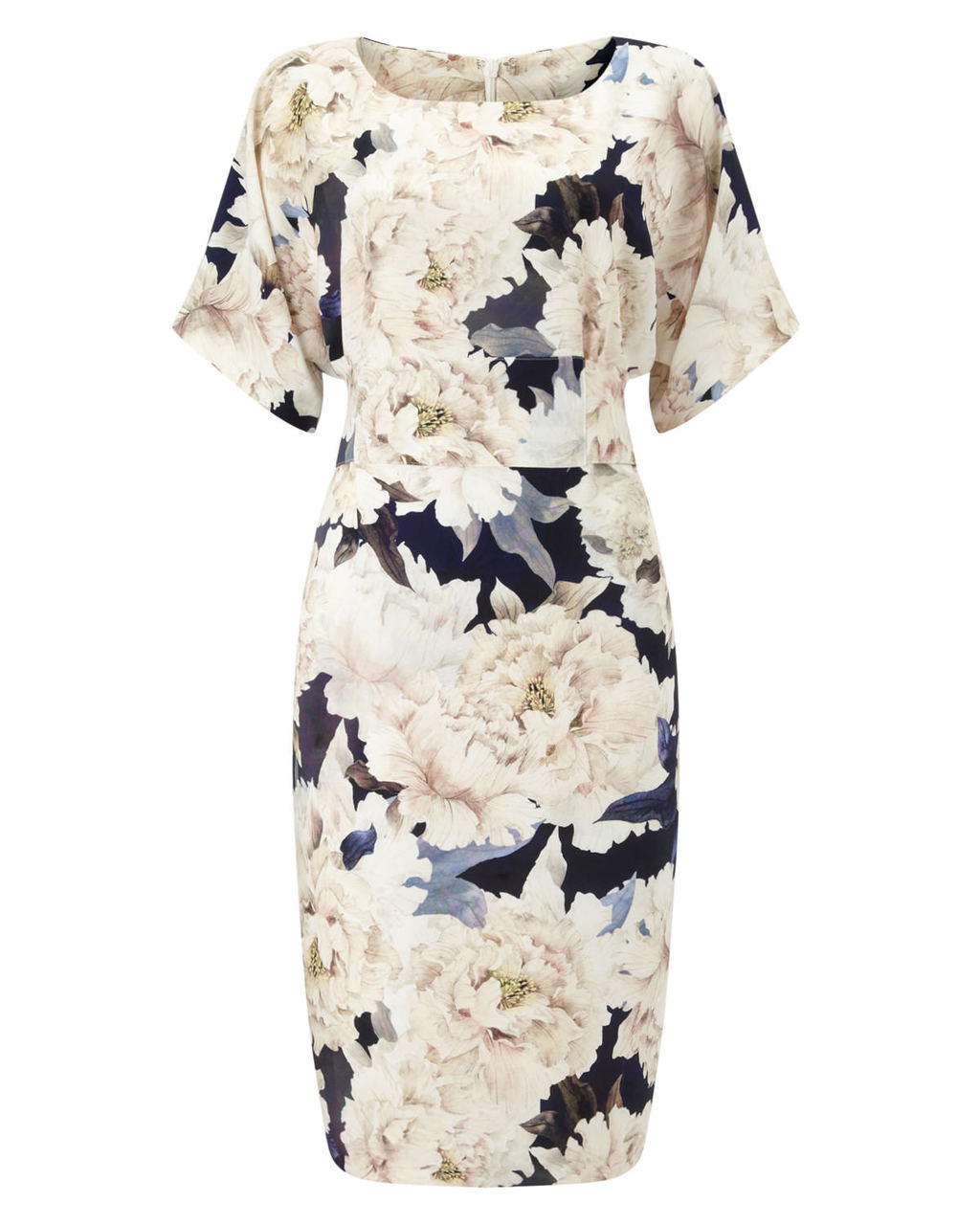 Peony Floral Dress - style: shift; neckline: round neck; fit: tailored/fitted; back detail: tie detail at back; predominant colour: ivory/cream; secondary colour: navy; length: on the knee; fibres: polyester/polyamide - 100%; occasions: occasion; sleeve length: half sleeve; sleeve style: standard; pattern type: fabric; pattern size: big & busy; pattern: florals; texture group: other - light to midweight; multicoloured: multicoloured; season: a/w 2015