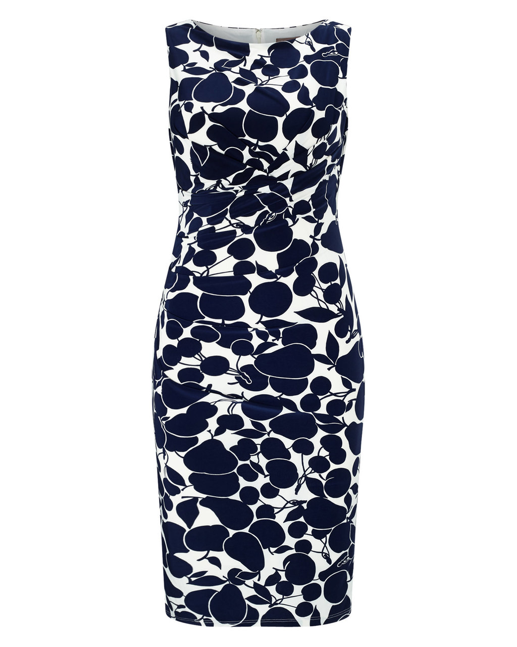 Hailey Dress - style: shift; neckline: slash/boat neckline; fit: tight; sleeve style: sleeveless; waist detail: twist front waist detail/nipped in at waist on one side/soft pleats/draping/ruching/gathering waist detail; secondary colour: ivory/cream; predominant colour: navy; occasions: evening, occasion; length: on the knee; fibres: polyester/polyamide - stretch; sleeve length: sleeveless; pattern type: fabric; pattern size: standard; pattern: patterned/print; texture group: jersey - stretchy/drapey; season: a/w 2015