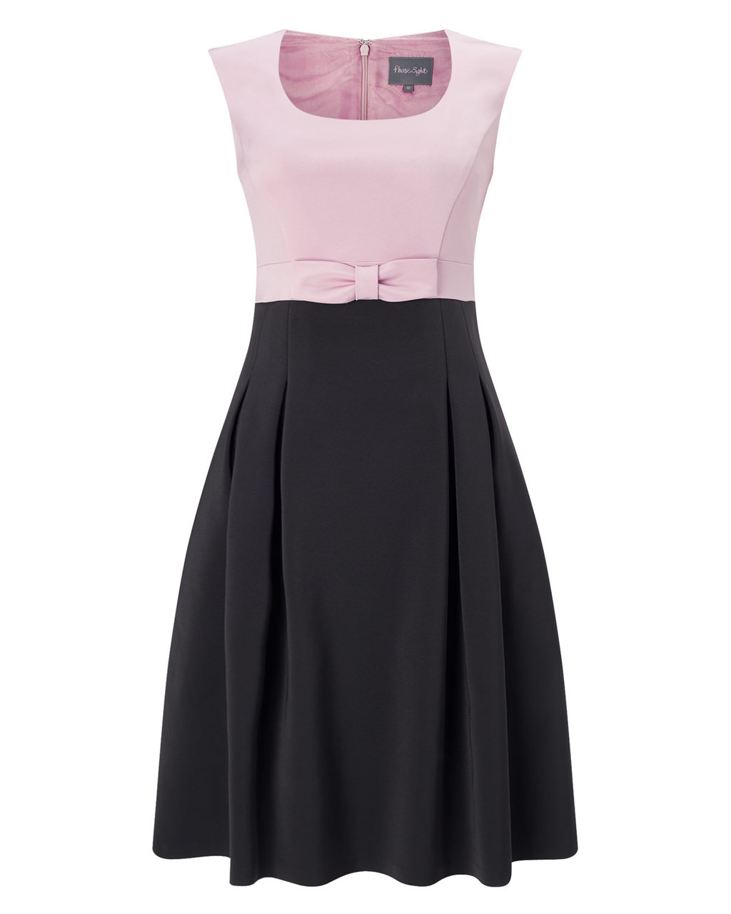 April Dress - sleeve style: sleeveless; waist detail: embellishment at waist/feature waistband; secondary colour: pink; predominant colour: black; length: on the knee; fit: fitted at waist & bust; style: fit & flare; neckline: scoop; fibres: viscose/rayon - stretch; occasions: occasion; sleeve length: sleeveless; pattern type: fabric; pattern size: standard; pattern: colourblock; texture group: woven light midweight; embellishment: bow; season: a/w 2015