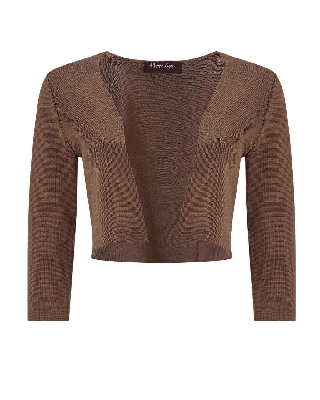 Salma Knit Jacket - pattern: plain; style: bolero/shrug; collar: round collar/collarless; predominant colour: taupe; occasions: evening; fit: straight cut (boxy); fibres: viscose/rayon - stretch; sleeve length: 3/4 length; sleeve style: standard; texture group: knits/crochet; collar break: low/open; pattern type: knitted - other; length: cropped; season: a/w 2015