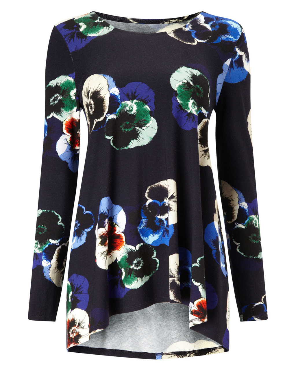 Pansy Print Longline Top - neckline: round neck; length: below the bottom; secondary colour: royal blue; predominant colour: black; occasions: casual; style: top; fibres: polyester/polyamide - stretch; fit: body skimming; sleeve length: long sleeve; sleeve style: standard; pattern type: fabric; pattern size: standard; pattern: florals; texture group: jersey - stretchy/drapey; season: a/w 2015