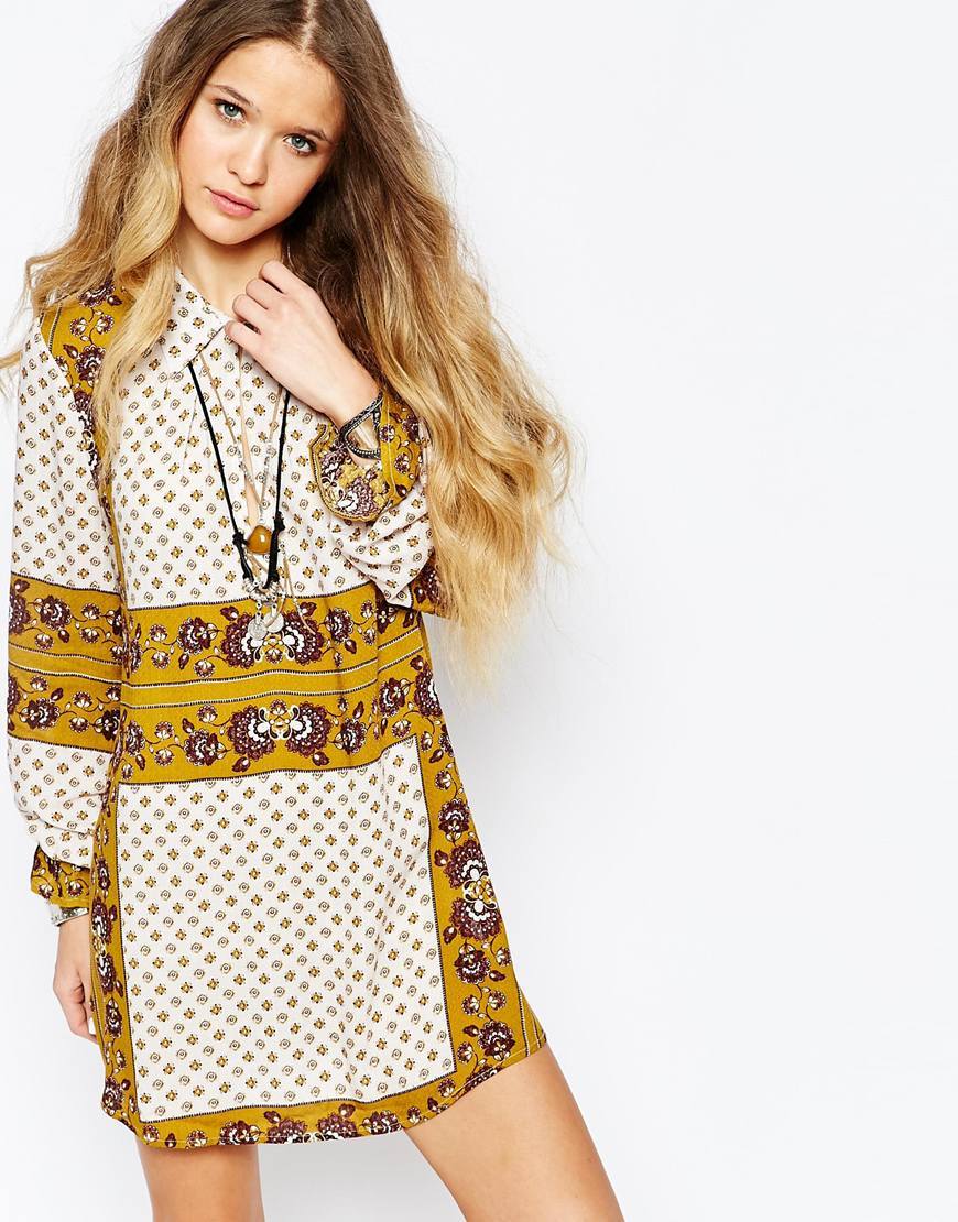 Changing Times Tunic Shirt In Ash Print Multi - neckline: shirt collar/peter pan/zip with opening; style: shirt; predominant colour: terracotta; occasions: casual, creative work; length: standard; fibres: viscose/rayon - 100%; fit: body skimming; sleeve length: long sleeve; sleeve style: standard; pattern type: fabric; pattern: patterned/print; texture group: other - light to midweight; pattern size: big & busy (top); season: a/w 2015; wardrobe: highlight