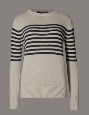 Cotton Rich Striped Jumper - neckline: round neck; pattern: horizontal stripes; style: standard; predominant colour: ivory/cream; secondary colour: black; occasions: casual, creative work; length: standard; fibres: cotton - mix; fit: standard fit; sleeve length: long sleeve; sleeve style: standard; texture group: knits/crochet; pattern type: knitted - fine stitch; pattern size: light/subtle; season: s/s 2016; wardrobe: highlight