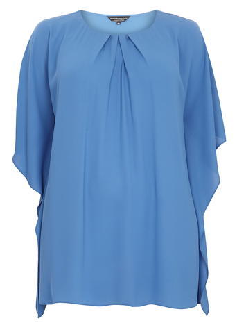 Womens **Billie & Blossom Curve Blue Flutter Sleeve Top Blue - neckline: round neck; pattern: plain; length: below the bottom; style: tunic; bust detail: subtle bust detail; predominant colour: diva blue; occasions: casual, creative work; fibres: polyester/polyamide - 100%; fit: body skimming; hip detail: subtle/flattering hip detail; sleeve length: half sleeve; sleeve style: standard; pattern type: fabric; texture group: other - light to midweight; season: a/w 2015; wardrobe: highlight