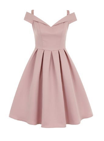 Womens *Chi Chi London Bardot Midi Dress Pink - neckline: off the shoulder; pattern: plain; predominant colour: pink; length: on the knee; fit: fitted at waist & bust; style: fit & flare; fibres: polyester/polyamide - 100%; occasions: occasion; hip detail: subtle/flattering hip detail; sleeve length: short sleeve; sleeve style: standard; pattern type: fabric; texture group: other - light to midweight; season: a/w 2015; trends: pink aw 15; wardrobe: event