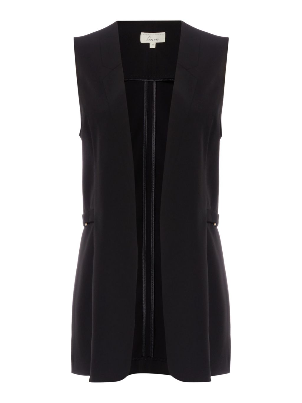 Sarah D Ring Detail Waistcoat, Black - pattern: plain; sleeve style: sleeveless; collar: round collar/collarless; length: below the bottom; predominant colour: black; occasions: casual; fit: tailored/fitted; fibres: polyester/polyamide - stretch; style: waistcoat; sleeve length: sleeveless; collar break: low/open; pattern type: fabric; texture group: woven light midweight; season: a/w 2015; wardrobe: highlight