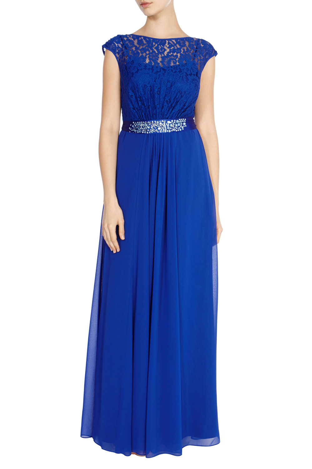 Lori Lee Lace Maxi Dress - sleeve style: capped; style: maxi dress; predominant colour: royal blue; length: floor length; fit: fitted at waist & bust; fibres: polyester/polyamide - 100%; occasions: occasion; neckline: crew; hip detail: subtle/flattering hip detail; waist detail: feature waist detail; sleeve length: short sleeve; texture group: sheer fabrics/chiffon/organza etc.; pattern type: fabric; pattern: patterned/print; embellishment: lace; shoulder detail: sheer at shoulder; season: s/s 2016; wardrobe: event; embellishment location: top