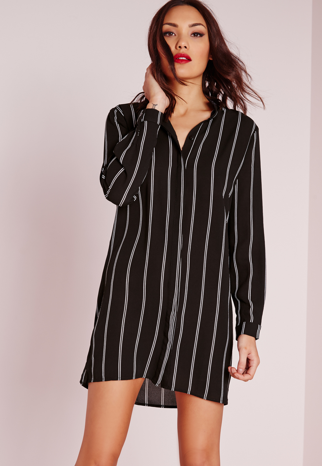 Collarless Stripe Shirt Dress Black/White, Black - style: shirt; length: mid thigh; neckline: shirt collar/peter pan/zip with opening; pattern: vertical stripes; secondary colour: light grey; predominant colour: black; occasions: casual, creative work; fit: body skimming; fibres: polyester/polyamide - 100%; sleeve length: long sleeve; sleeve style: standard; pattern type: fabric; pattern size: standard; texture group: other - light to midweight; season: s/s 2016; wardrobe: highlight