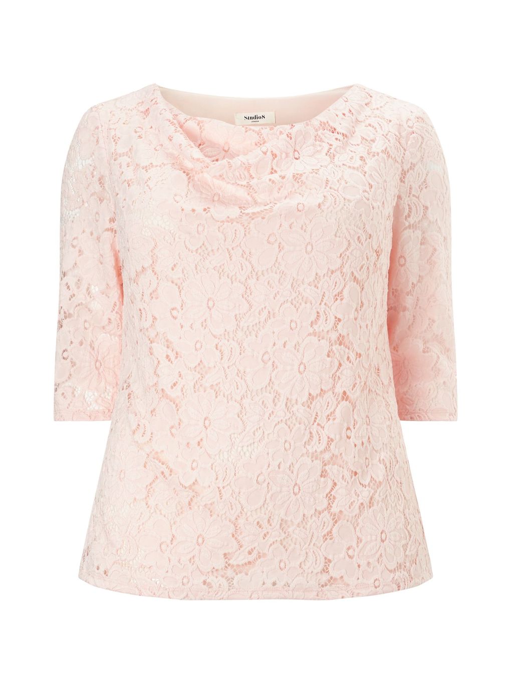 Simone Top, Blush - neckline: cowl/draped neck; pattern: plain; predominant colour: blush; occasions: work, occasion; length: standard; style: top; fibres: polyester/polyamide - mix; fit: body skimming; sleeve length: 3/4 length; sleeve style: standard; pattern type: fabric; texture group: other - light to midweight; embellishment: lace; season: s/s 2016; wardrobe: highlight