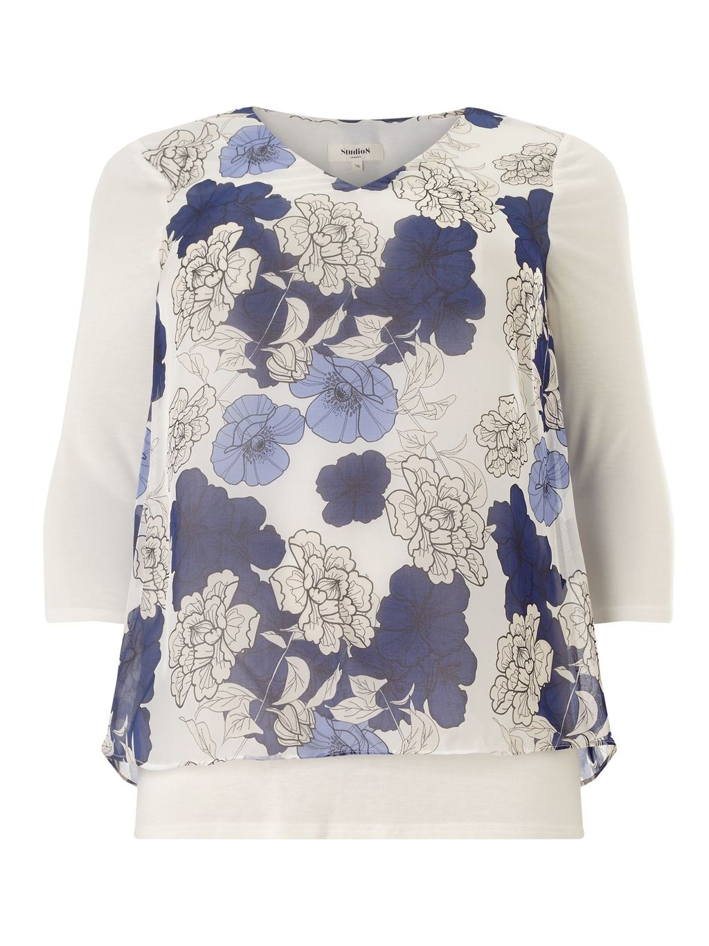 Tula Top, Blue - neckline: v-neck; predominant colour: ivory/cream; secondary colour: navy; occasions: casual; length: standard; style: top; fibres: silk - 100%; fit: body skimming; sleeve length: 3/4 length; sleeve style: standard; texture group: crepes; pattern type: fabric; pattern: florals; multicoloured: multicoloured; season: s/s 2016; wardrobe: highlight