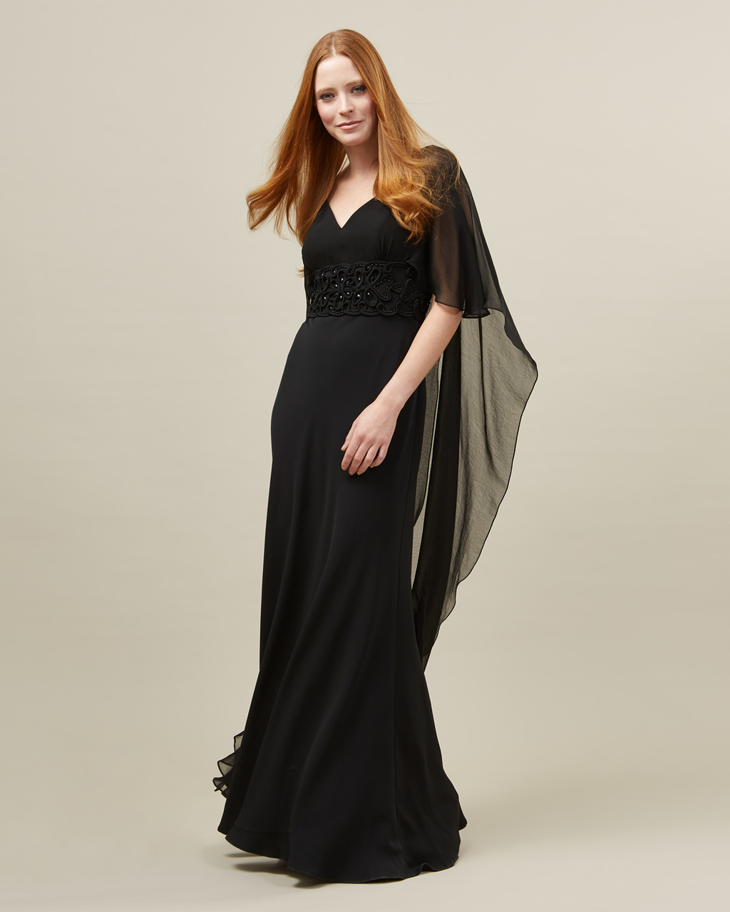 Vera Cape Dress - neckline: v-neck; pattern: plain; style: maxi dress; predominant colour: black; length: floor length; fit: body skimming; fibres: polyester/polyamide - 100%; occasions: occasion; sleeve style: cape sleeve; sleeve length: half sleeve; texture group: sheer fabrics/chiffon/organza etc.; pattern type: fabric; embellishment: beading; season: s/s 2016; wardrobe: event; embellishment location: waist