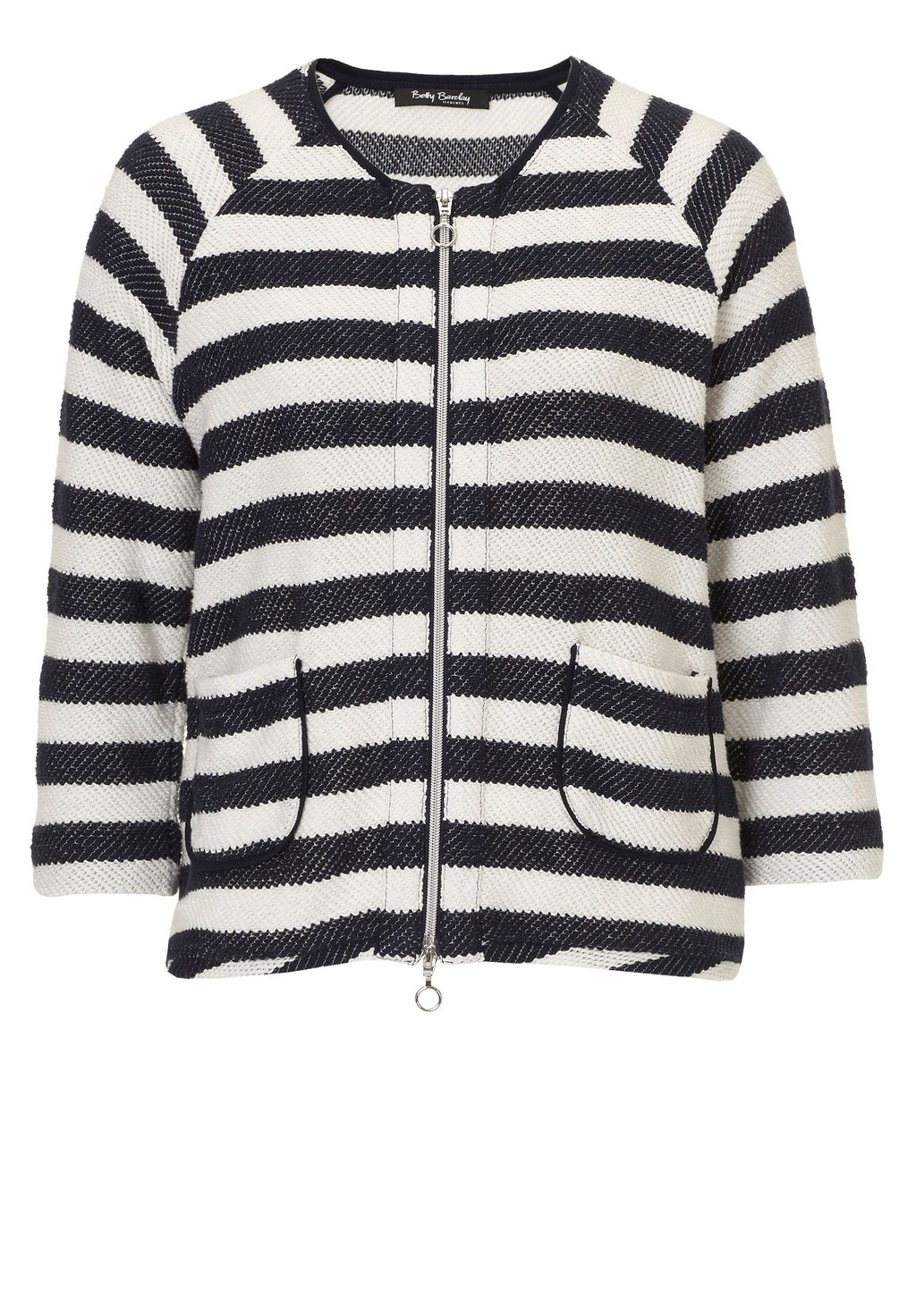 Striped Cardigan With Zip, Navy - neckline: round neck; sleeve style: raglan; pattern: horizontal stripes; secondary colour: ivory/cream; predominant colour: navy; occasions: casual, creative work; length: standard; style: standard; fibres: cotton - mix; fit: standard fit; sleeve length: 3/4 length; texture group: knits/crochet; pattern type: knitted - fine stitch; season: s/s 2016; wardrobe: highlight