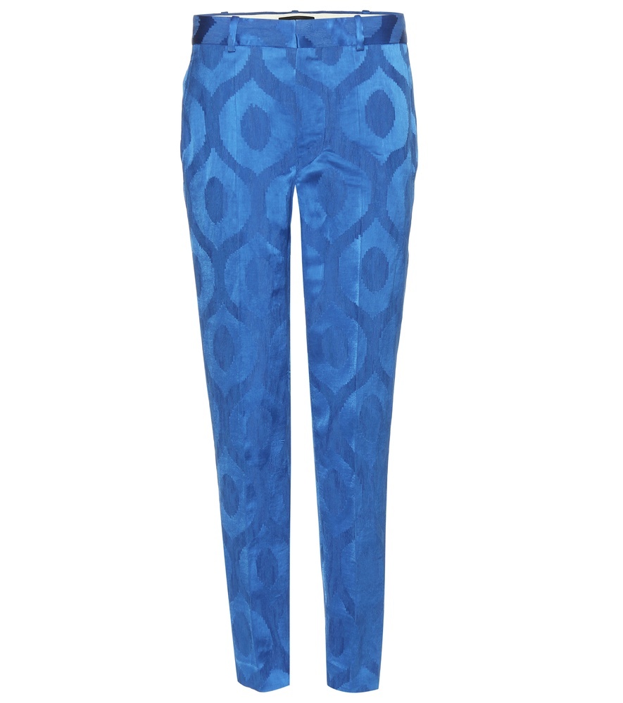 Syd Jacquard Satin Trousers - length: standard; hip detail: draws attention to hips; waist: mid/regular rise; predominant colour: diva blue; occasions: evening, creative work; fibres: polyester/polyamide - 100%; fit: slim leg; pattern type: fabric; pattern: patterned/print; texture group: brocade/jacquard; style: standard; pattern size: standard (bottom); season: s/s 2016; wardrobe: highlight