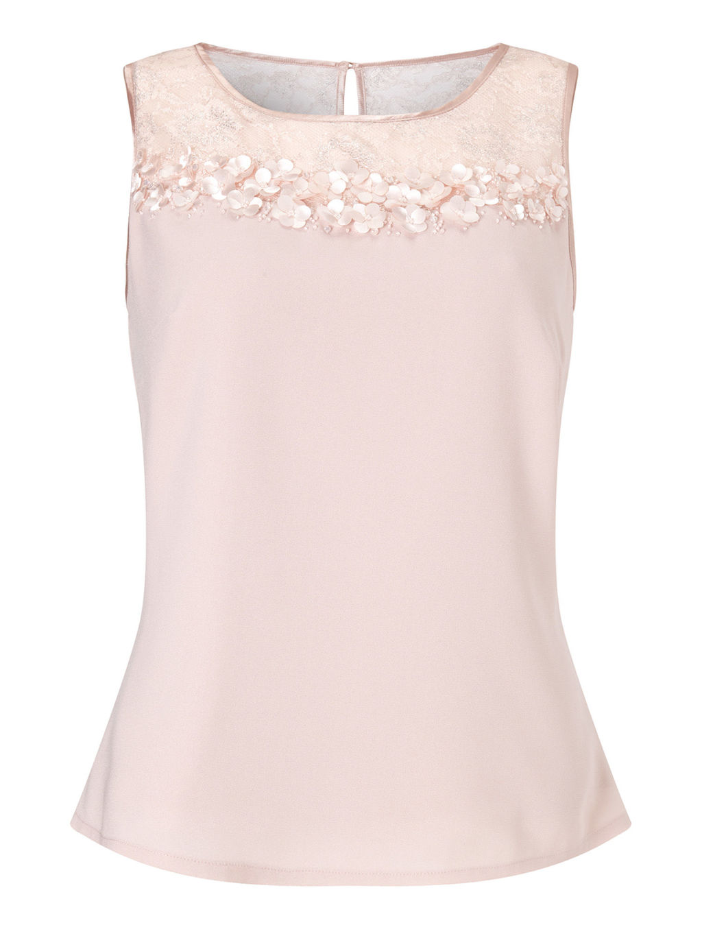 Lace Petal Blouse, Blossom Pink - neckline: round neck; pattern: plain; sleeve style: sleeveless; bust detail: sheer at bust; predominant colour: blush; occasions: casual; length: standard; style: top; fibres: polyester/polyamide - 100%; fit: body skimming; sleeve length: sleeveless; texture group: crepes; pattern type: fabric; embellishment: applique; season: s/s 2016; wardrobe: highlight