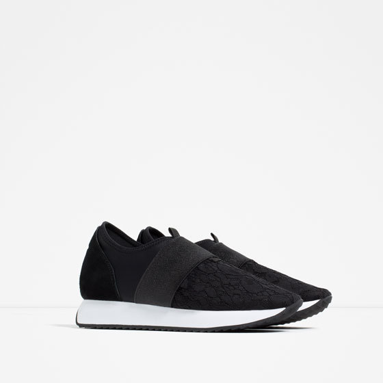 Lace Sneakers - secondary colour: white; predominant colour: black; occasions: casual, creative work; material: fabric; heel height: flat; toe: round toe; style: trainers; finish: plain; pattern: colourblock; shoe detail: moulded soul; season: s/s 2016; wardrobe: highlight