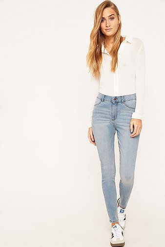 High Spray On Stone Bleach Skinny Jeans, Light Blue - style: skinny leg; length: standard; pattern: plain; waist: high rise; predominant colour: pale blue; occasions: casual, creative work; fibres: cotton - stretch; texture group: denim; pattern type: fabric; season: s/s 2016; wardrobe: basic