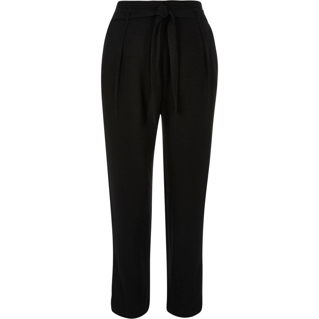 Womens Black Soft Tie Waist Tapered Trousers - length: standard; pattern: plain; style: peg leg; waist: high rise; predominant colour: black; occasions: work; fibres: polyester/polyamide - mix; fit: tapered; pattern type: fabric; texture group: woven light midweight; season: s/s 2016; wardrobe: basic