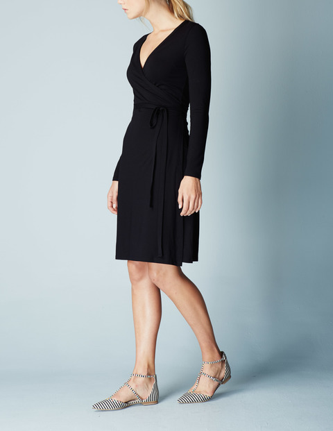 Jersey Wrap Summer Dress Blue, Black - style: faux wrap/wrap; neckline: v-neck; pattern: plain; waist detail: belted waist/tie at waist/drawstring; predominant colour: black; length: on the knee; fit: body skimming; fibres: viscose/rayon - stretch; sleeve length: long sleeve; sleeve style: standard; pattern type: fabric; texture group: jersey - stretchy/drapey; occasions: creative work; season: s/s 2016; wardrobe: investment