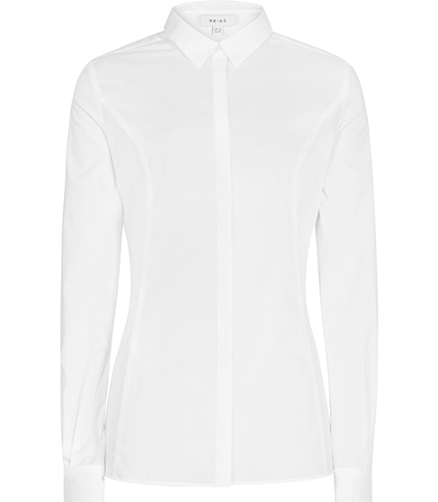 Ruben Button Front Shirt - neckline: shirt collar/peter pan/zip with opening; pattern: plain; style: shirt; predominant colour: white; occasions: work; length: standard; fibres: cotton - stretch; fit: body skimming; sleeve length: long sleeve; sleeve style: standard; texture group: cotton feel fabrics; pattern type: fabric; season: s/s 2016; wardrobe: basic