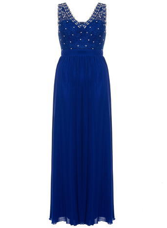 Womens **Quiz Lace Beaded Maxi Dress Blue - neckline: v-neck; pattern: plain; sleeve style: sleeveless; style: maxi dress; predominant colour: royal blue; occasions: evening; length: floor length; fit: body skimming; fibres: polyester/polyamide - 100%; sleeve length: sleeveless; pattern type: fabric; texture group: jersey - stretchy/drapey; embellishment: beading; season: s/s 2016; wardrobe: event; embellishment location: bust