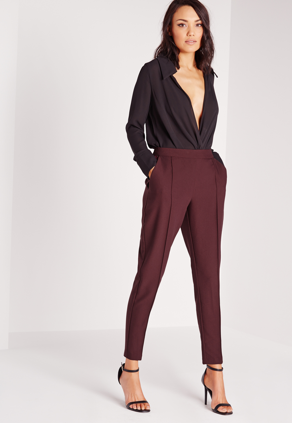 Pintuck Detail Cigarette Trousers Purple, Aubergine - pattern: plain; waist: high rise; predominant colour: burgundy; length: ankle length; fibres: polyester/polyamide - 100%; fit: tapered; pattern type: fabric; texture group: other - light to midweight; style: standard; occasions: creative work; season: s/s 2016; wardrobe: highlight