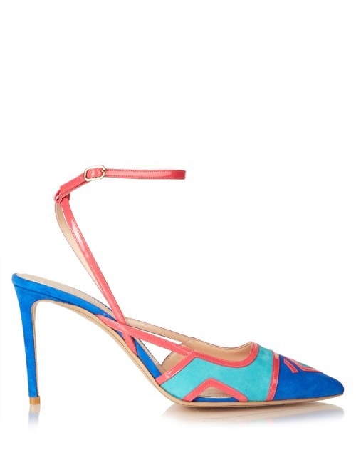 Outliner Ankle Strap Suede Pumps - secondary colour: pink; predominant colour: diva blue; occasions: evening, occasion; material: suede; heel height: high; ankle detail: ankle strap; heel: stiletto; toe: pointed toe; style: slingbacks; finish: plain; pattern: plain; multicoloured: multicoloured; season: s/s 2016; wardrobe: event