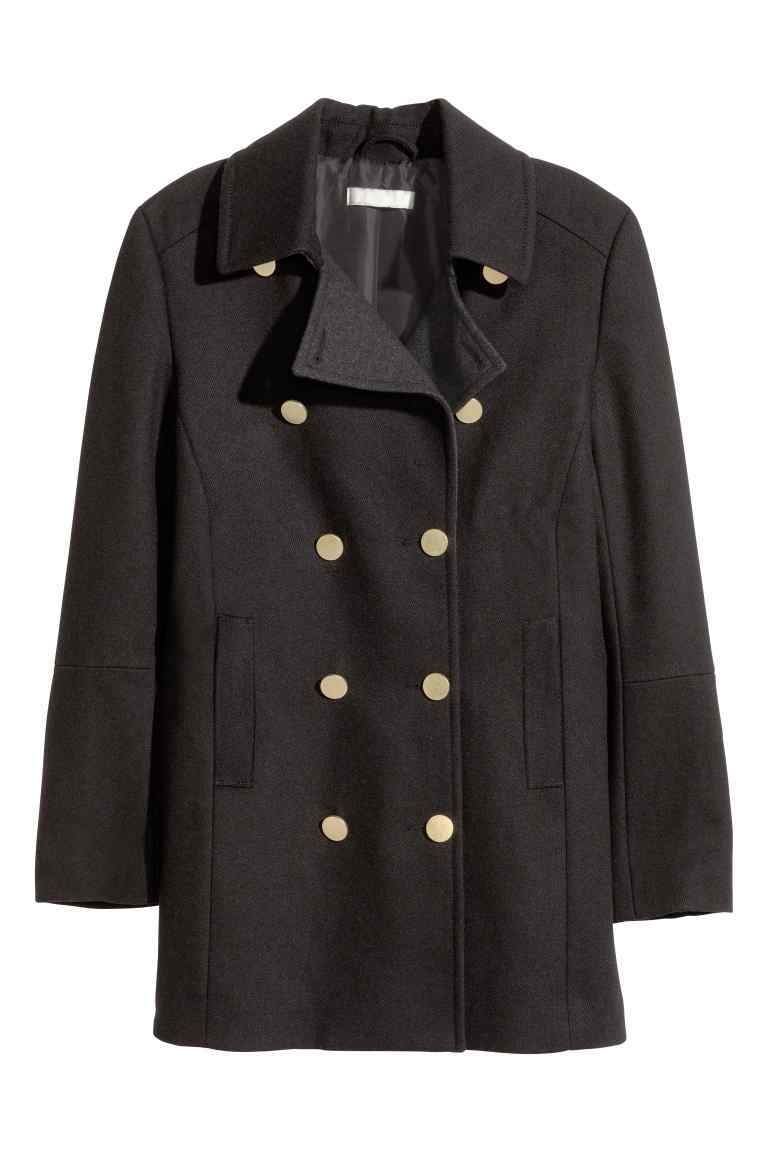 Peacoat - pattern: plain; length: standard; style: pea coat; collar: standard lapel/rever collar; predominant colour: black; occasions: casual, creative work; fit: straight cut (boxy); fibres: cotton - mix; sleeve length: long sleeve; sleeve style: standard; collar break: medium; pattern type: fabric; texture group: other - light to midweight; season: s/s 2016; wardrobe: basic