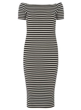 Womens Dorothy Perkins Tall Black And White Short Sleeve Bardot Bodycon Dress, Black - length: below the knee; neckline: off the shoulder; fit: tight; pattern: horizontal stripes; style: bodycon; predominant colour: black; secondary colour: black; occasions: evening; fibres: viscose/rayon - stretch; sleeve length: short sleeve; sleeve style: standard; pattern type: fabric; pattern size: standard; texture group: jersey - stretchy/drapey; season: s/s 2016; wardrobe: event