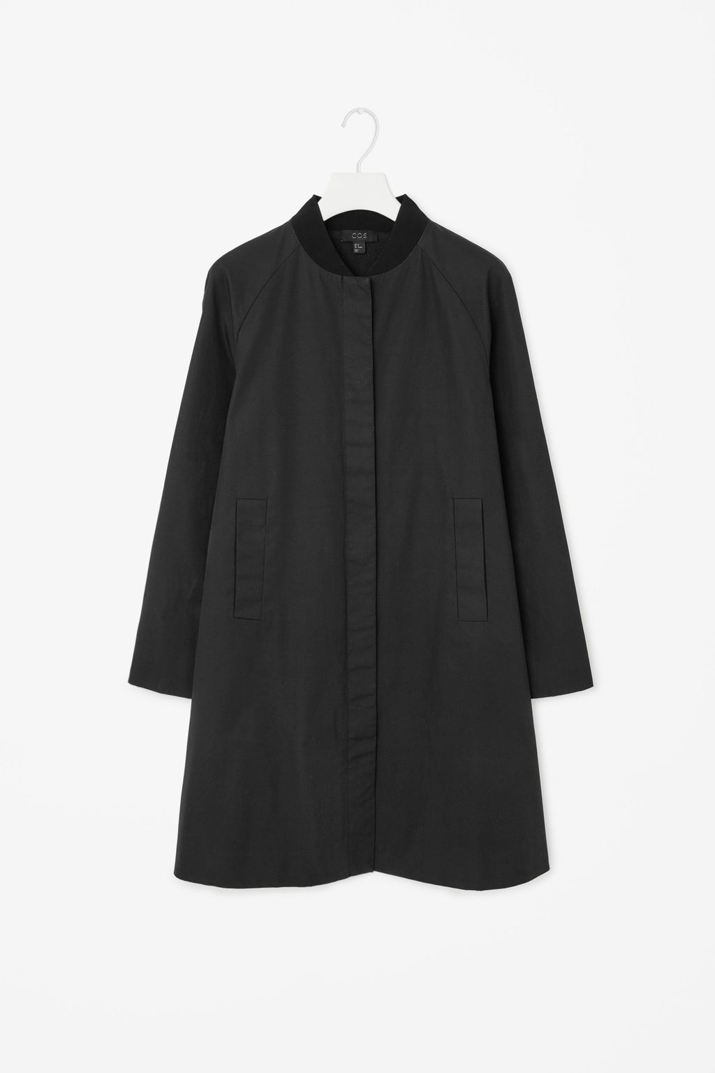 Coat With Ribbed Neckline - pattern: plain; collar: round collar/collarless; fit: loose; style: single breasted; length: mid thigh; predominant colour: black; fibres: cotton - 100%; sleeve length: long sleeve; sleeve style: standard; texture group: cotton feel fabrics; collar break: high; pattern type: fabric; occasions: creative work; season: s/s 2016; wardrobe: highlight