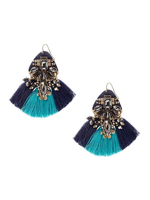 Mixed Media Drop Earring Navy - secondary colour: navy; predominant colour: turquoise; occasions: evening, occasion; style: drop; length: mid; size: large/oversized; material: chain/metal; fastening: pierced; finish: metallic; embellishment: tassels; season: s/s 2016; wardrobe: event