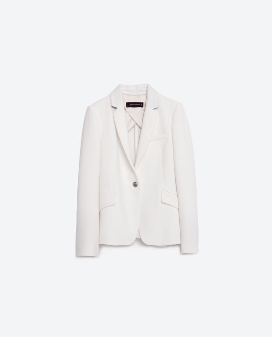 Tailored Jacket - pattern: plain; style: single breasted blazer; collar: standard lapel/rever collar; predominant colour: ivory/cream; length: standard; fit: tailored/fitted; fibres: polyester/polyamide - stretch; sleeve length: long sleeve; sleeve style: standard; collar break: low/open; pattern type: fabric; texture group: other - light to midweight; occasions: creative work; season: s/s 2016; wardrobe: investment