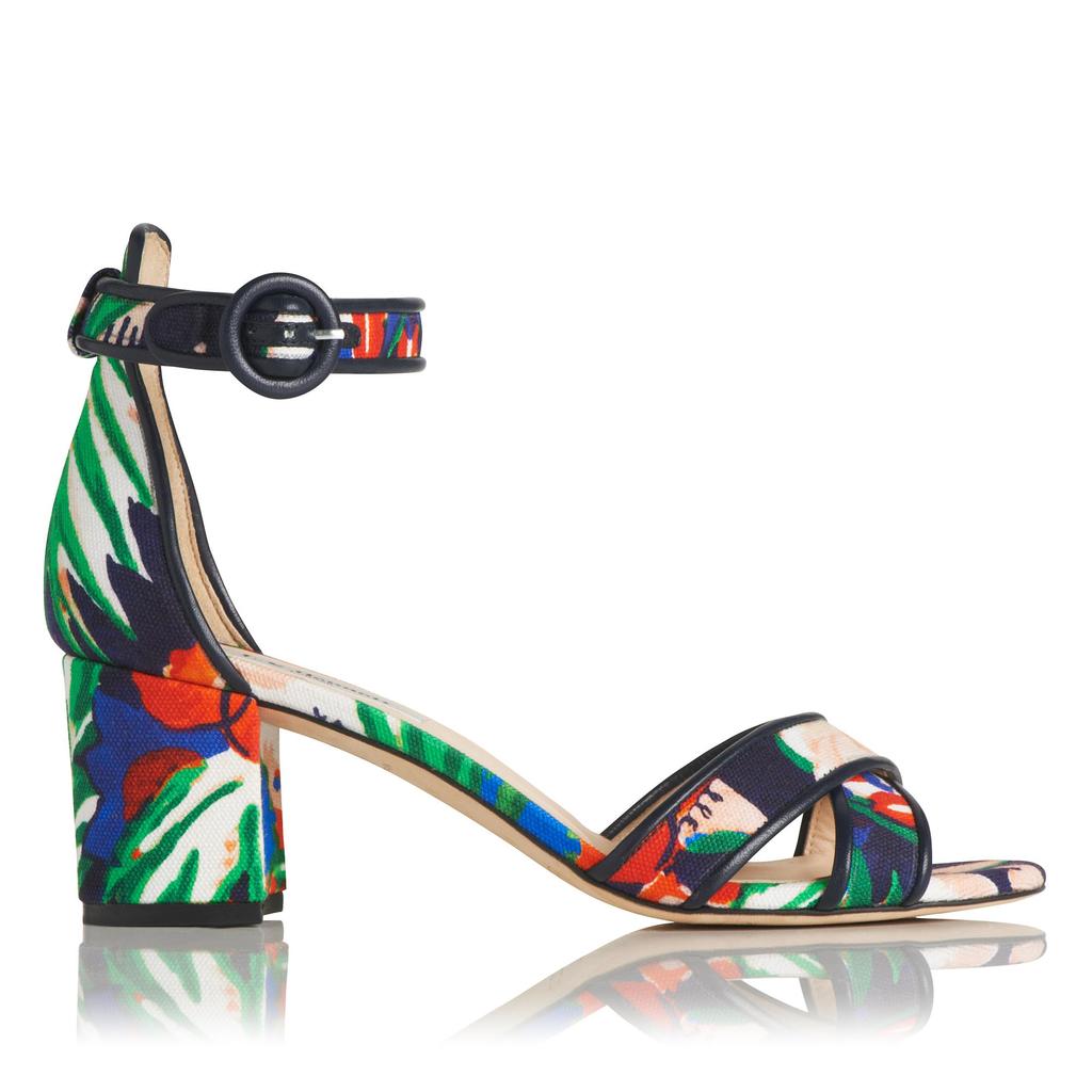 Aniki Print Leather Sandals - secondary colour: true red; predominant colour: emerald green; occasions: evening; material: fabric; heel height: mid; ankle detail: ankle strap; heel: block; toe: open toe/peeptoe; style: strappy; finish: plain; pattern: florals; season: s/s 2016; wardrobe: event