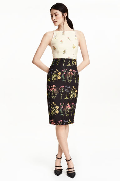 Floral Dress - style: shift; neckline: high square neck; fit: tailored/fitted; sleeve style: sleeveless; hip detail: draws attention to hips; predominant colour: ivory/cream; secondary colour: black; length: on the knee; fibres: polyester/polyamide - 100%; occasions: occasion; sleeve length: sleeveless; pattern type: fabric; pattern size: standard; pattern: florals; texture group: other - light to midweight; multicoloured: multicoloured; season: s/s 2016; wardrobe: event; embellishment: contrast fabric; embellishment location: top