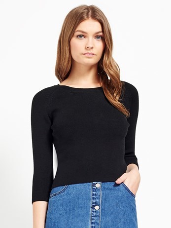 3/4 Sleeve Cropped Knit - neckline: round neck; pattern: plain; length: cropped; style: standard; predominant colour: black; occasions: casual, work, creative work; fibres: acrylic - mix; fit: standard fit; sleeve length: 3/4 length; sleeve style: standard; texture group: knits/crochet; pattern type: knitted - fine stitch; season: s/s 2016; wardrobe: basic