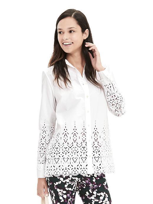 Scallop Hem Eyelet Shirt White - neckline: shirt collar/peter pan/zip with opening; pattern: plain; style: shirt; predominant colour: white; occasions: casual; length: standard; fibres: cotton - 100%; fit: body skimming; sleeve length: long sleeve; sleeve style: standard; texture group: cotton feel fabrics; pattern type: fabric; embellishment: lace; season: s/s 2016; wardrobe: highlight