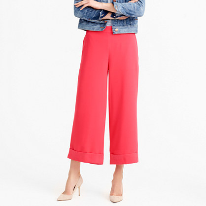 Cropped Wide Leg Pull On Pant - pattern: plain; waist: mid/regular rise; predominant colour: coral; occasions: evening, creative work; fibres: polyester/polyamide - 100%; waist detail: feature waist detail; texture group: crepes; pattern type: fabric; season: s/s 2016; style: culotte; wardrobe: highlight