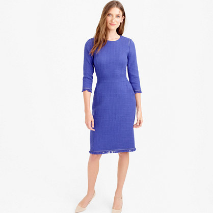 Long Sleeve Tweed Dress With Fringe - style: shift; fit: tailored/fitted; pattern: plain; predominant colour: royal blue; length: on the knee; fibres: cotton - 100%; occasions: occasion; neckline: crew; sleeve length: 3/4 length; sleeve style: standard; pattern type: fabric; texture group: other - light to midweight; season: s/s 2016; wardrobe: event
