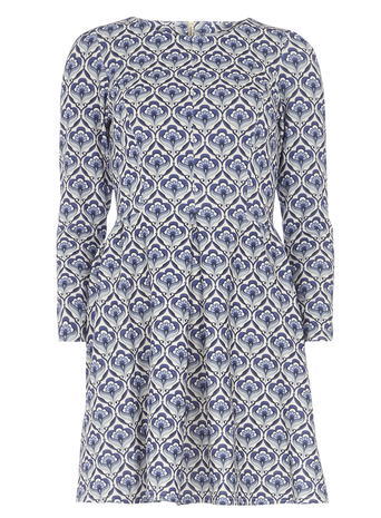 Womens **Closet Blue Scuba Pleated Dress Blue - length: mid thigh; predominant colour: ivory/cream; secondary colour: royal blue; occasions: casual; fit: fitted at waist & bust; style: fit & flare; fibres: polyester/polyamide - stretch; neckline: crew; sleeve length: long sleeve; sleeve style: standard; pattern type: fabric; pattern: patterned/print; texture group: jersey - stretchy/drapey; multicoloured: multicoloured; season: s/s 2016; wardrobe: highlight