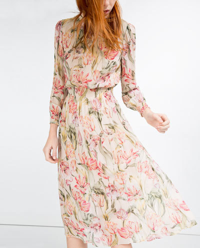 Printed Dress - style: shift; length: below the knee; fit: fitted at waist; neckline: high neck; predominant colour: ivory/cream; secondary colour: blush; fibres: viscose/rayon - 100%; hip detail: subtle/flattering hip detail; sleeve length: long sleeve; sleeve style: standard; texture group: sheer fabrics/chiffon/organza etc.; pattern type: fabric; pattern size: standard; pattern: florals; occasions: creative work; season: s/s 2016; wardrobe: highlight