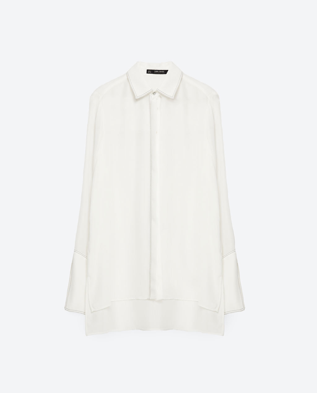 Contrasting Topstitching Shirt - neckline: shirt collar/peter pan/zip with opening; pattern: plain; style: shirt; predominant colour: ivory/cream; occasions: casual; length: standard; fibres: polyester/polyamide - 100%; fit: body skimming; back detail: longer hem at back than at front; sleeve length: long sleeve; sleeve style: standard; texture group: sheer fabrics/chiffon/organza etc.; pattern type: fabric; season: s/s 2016; wardrobe: basic