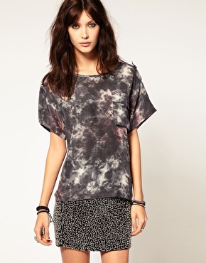 Dark Tie Dye Print Silk Top - neckline: round neck; style: t-shirt; pattern: tie dye; predominant colour: charcoal; occasions: casual, evening; length: standard; fibres: silk - 100%; material texture: jersey; fit: body skimming; sleeve length: short sleeve; sleeve style: standard; pattern type: fabric; pattern size: standard; texture group: jersey - stretchy/drapey