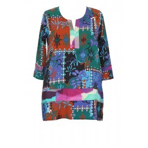 Double Silk Border Kaftan - length: below the bottom; style: kaftan; predominant colour: denim; secondary colour: terracotta; occasions: casual; neckline: collarstand & mandarin with v-neck; fibres: silk - 100%; fit: loose; sleeve length: long sleeve; sleeve style: standard; texture group: silky - light; pattern type: fabric; pattern: florals; multicoloured: multicoloured; season: s/s 2016; wardrobe: highlight