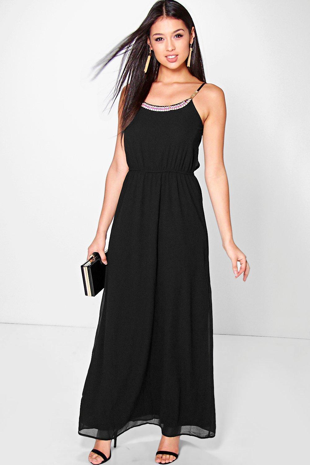 Embellished Neck Maxi Dress Coral - sleeve style: spaghetti straps; pattern: plain; style: maxi dress; length: ankle length; waist detail: belted waist/tie at waist/drawstring; predominant colour: black; occasions: evening; fit: body skimming; neckline: scoop; fibres: polyester/polyamide - 100%; sleeve length: sleeveless; pattern type: fabric; texture group: jersey - stretchy/drapey; season: s/s 2016; wardrobe: event