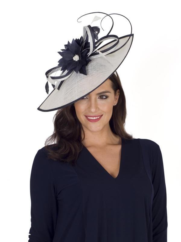 Ivory/Navy Medium Sinamay Feather Flowers Hatinator - predominant colour: light grey; secondary colour: black; occasions: occasion; type of pattern: standard; embellishment: feathers; style: fascinator; size: large; material: fabric; pattern: plain; multicoloured: multicoloured; season: s/s 2016; wardrobe: event