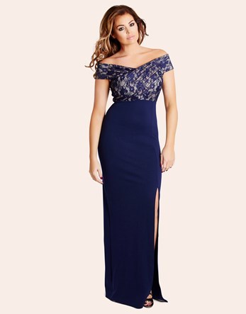Off The Shoulder Maxi Dress - neckline: off the shoulder; sleeve style: capped; pattern: plain; style: maxi dress; hip detail: draws attention to hips; predominant colour: navy; length: floor length; fit: fitted at waist & bust; fibres: polyester/polyamide - stretch; occasions: occasion; sleeve length: short sleeve; texture group: sheer fabrics/chiffon/organza etc.; pattern type: fabric; embellishment: lace; season: s/s 2016; wardrobe: event