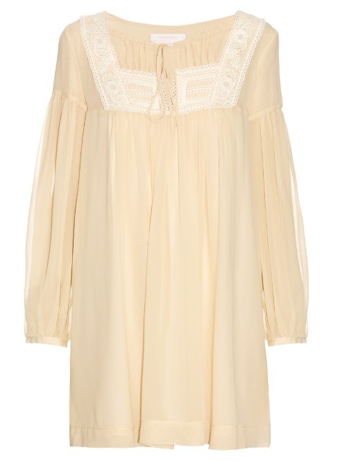 Lace Bib Silk Georgette Dress - style: smock; length: mid thigh; fit: loose; pattern: plain; secondary colour: white; predominant colour: nude; occasions: evening; fibres: silk - 100%; sleeve length: long sleeve; sleeve style: standard; texture group: silky - light; neckline: medium square neck; pattern type: fabric; season: s/s 2016; wardrobe: event